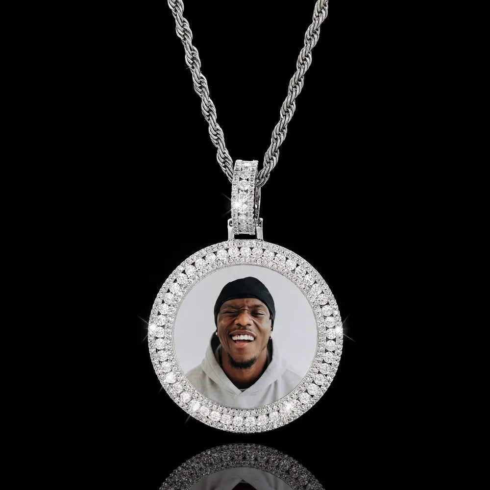 14k Gold Double Row Micro - Inlaid 3D Custom Photo Round Pendant - 40mm - TONGSHOP / Color:White Gold / Length:16 / Length:18