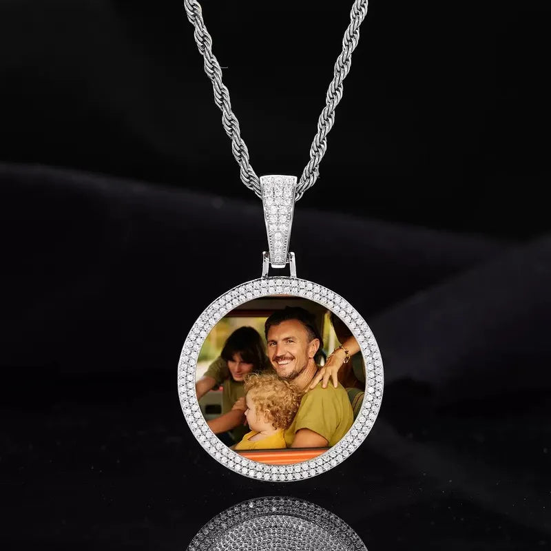 14k Gold Custom Photo Double Row Micro-Pavé Round Pendant - 37mm