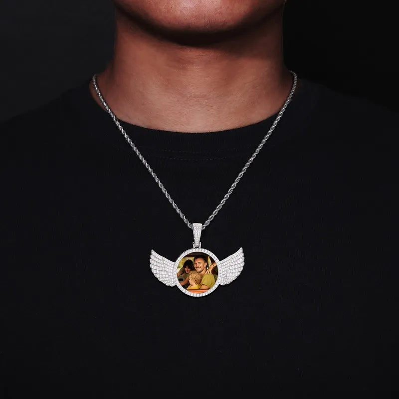 14k Gold Custom Photo Round Wing Pendant - 67mm