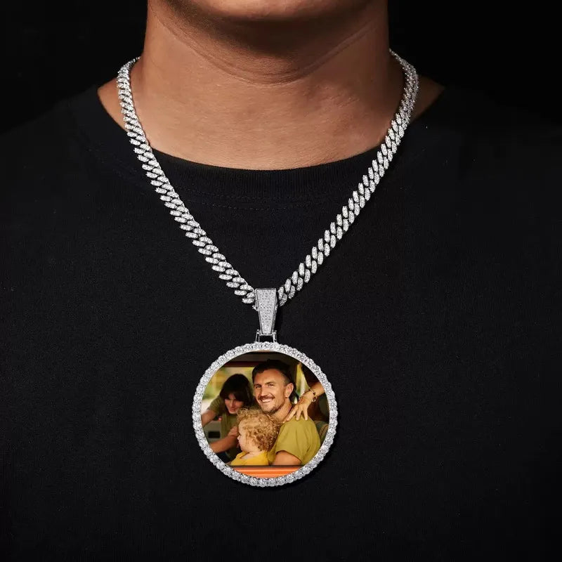 14k Gold Large 3D Custom Photo Micro-Inlaid Round Pendant - 70mm