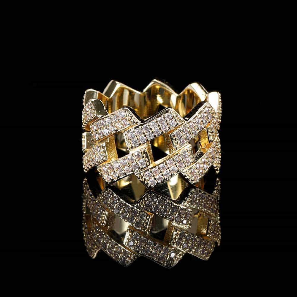 14mm Double - Row Diamond Rhombus Cuban Ring in 18K Gold - TONGSHOP