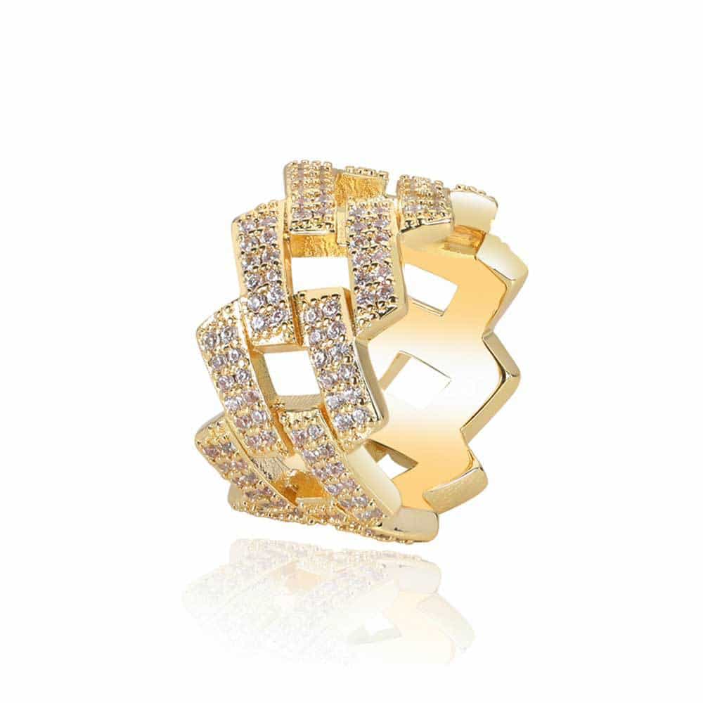 14mm Double - Row Diamond Rhombus Cuban Ring in 18K Gold - TONGSHOP