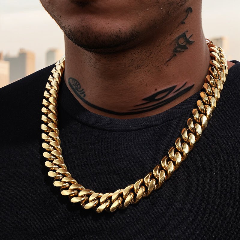 14mm Stainless Steel Miami Cuban Chain in Gold - TONGSHOP