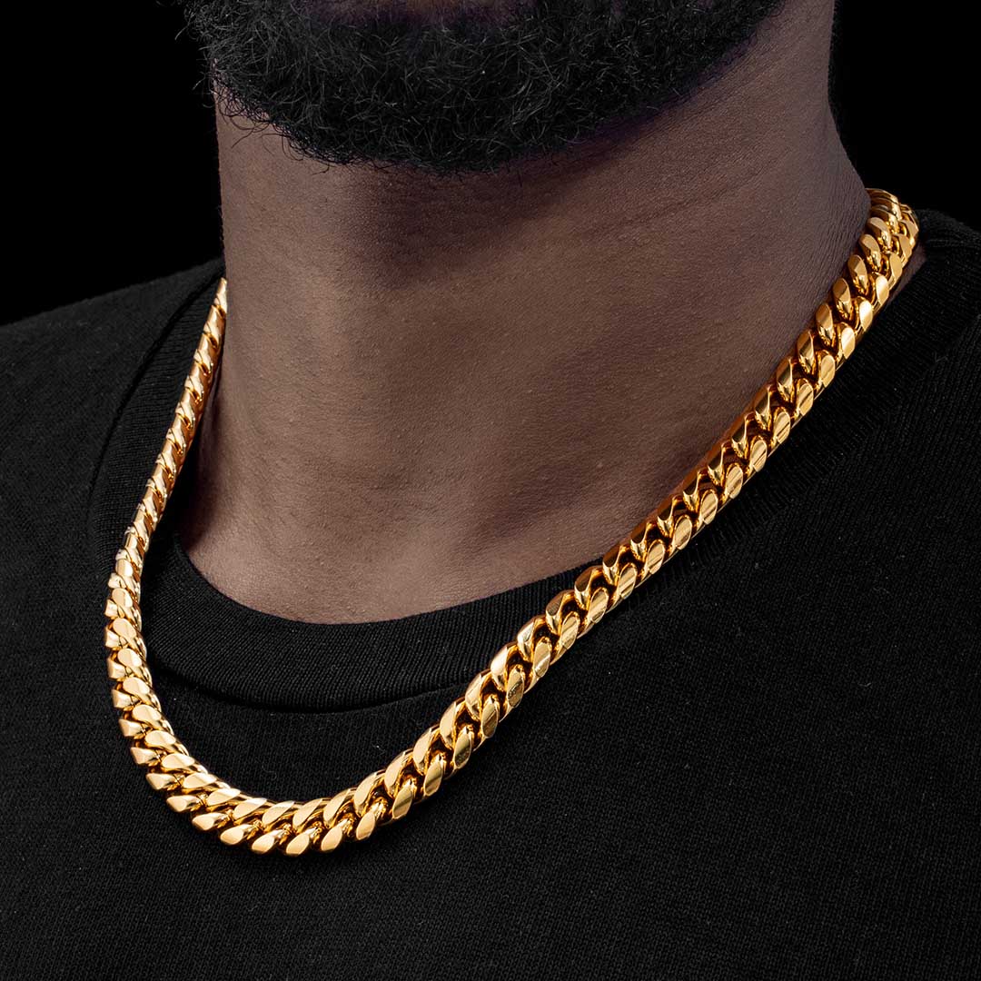 14mm Stainless Steel Miami Cuban Chain in Gold - TONGSHOP
