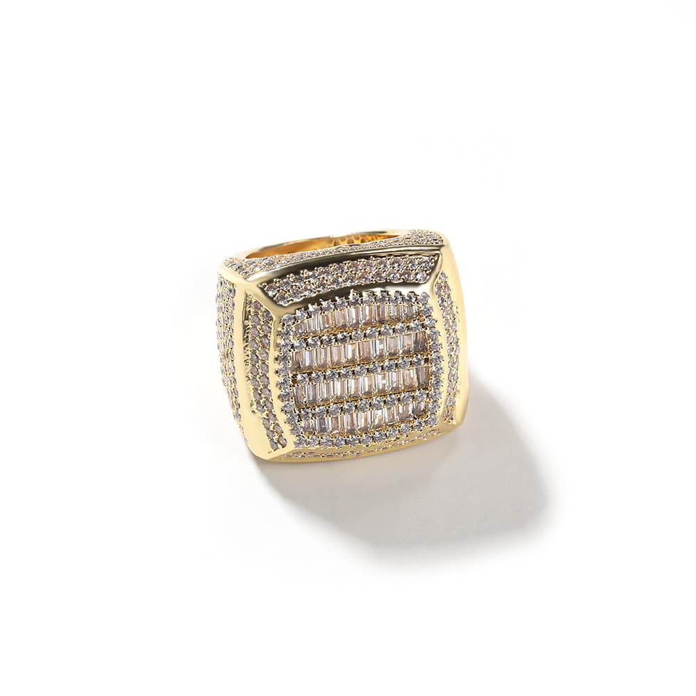 Square Diamond Encrusted Hip-Hop Ring in 18K Gold Plating