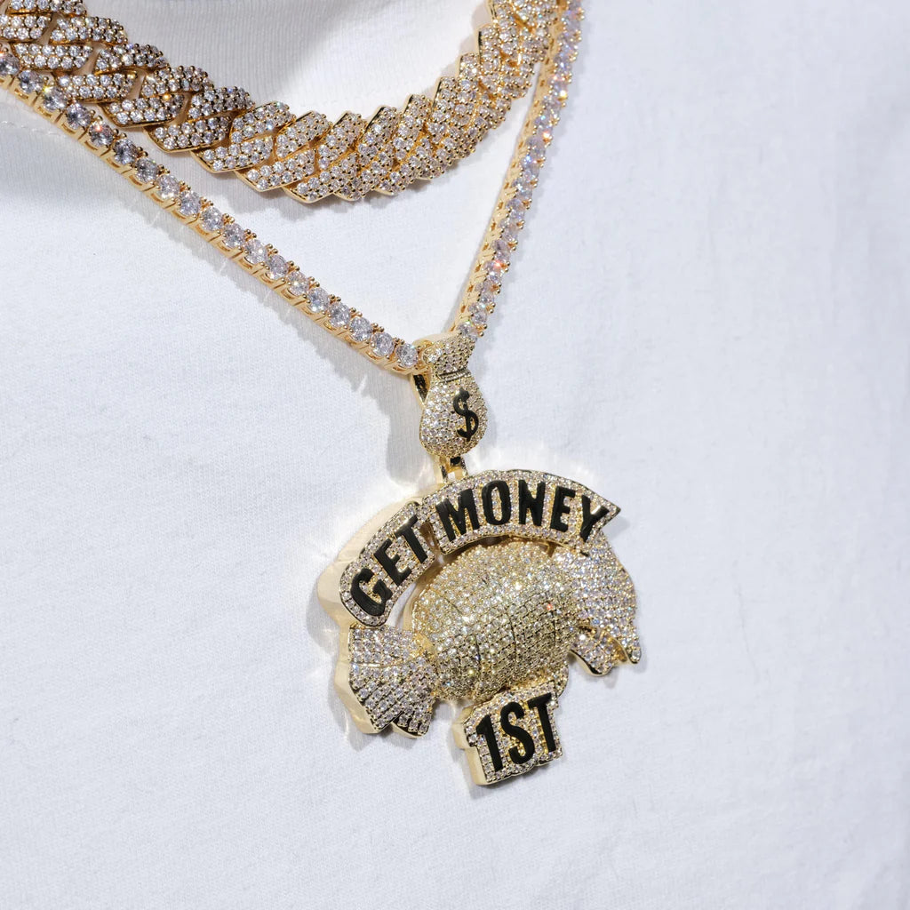 Get Money First Iced Necklace In 18k Gold