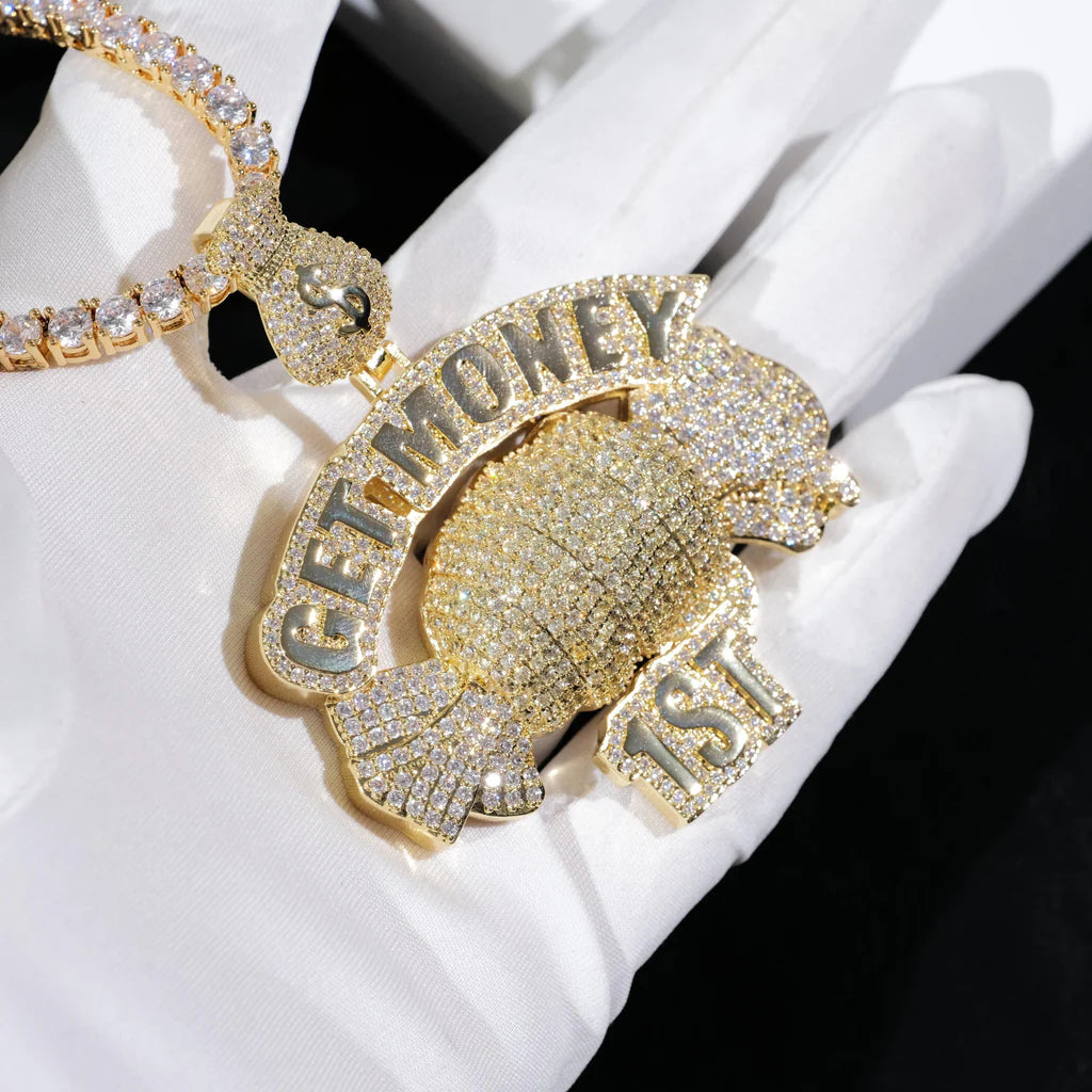 Get Money First Iced Necklace In 18k Gold