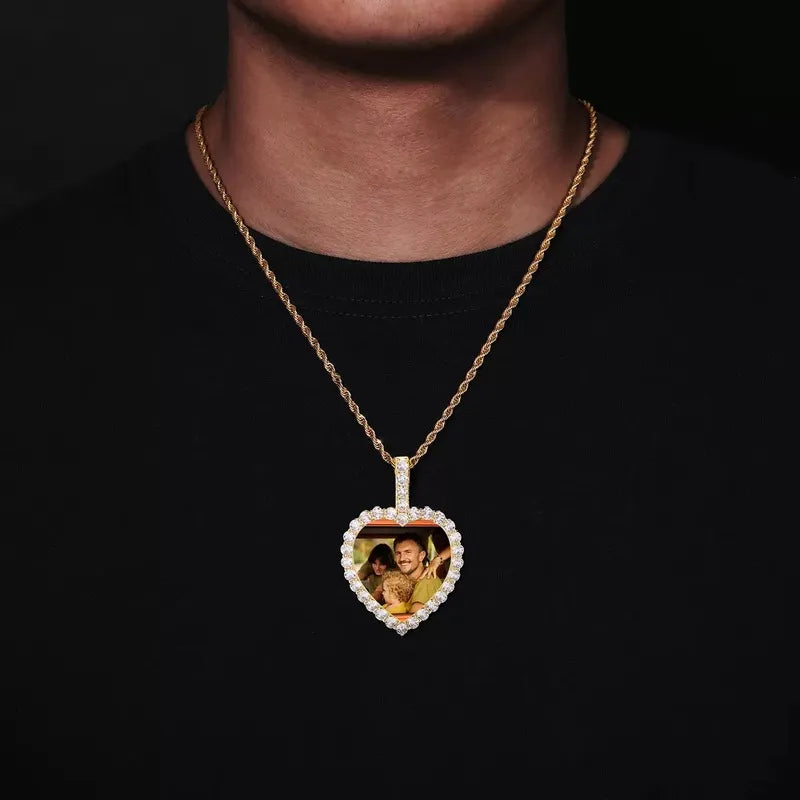 18K Gold Custom Photo Micro-Inlaid Heart Pendant - 40mm