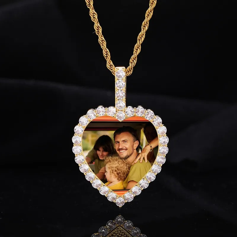18K Gold Custom Photo Micro-Inlaid Heart Pendant - 40mm
