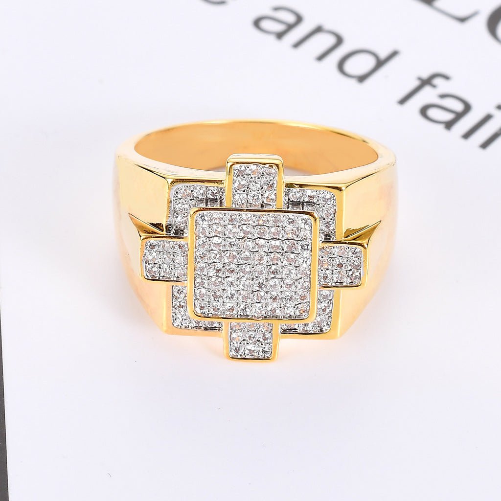 18K Gold Full Diamond Geometric Hip - Hop Ring - TONGSHOP