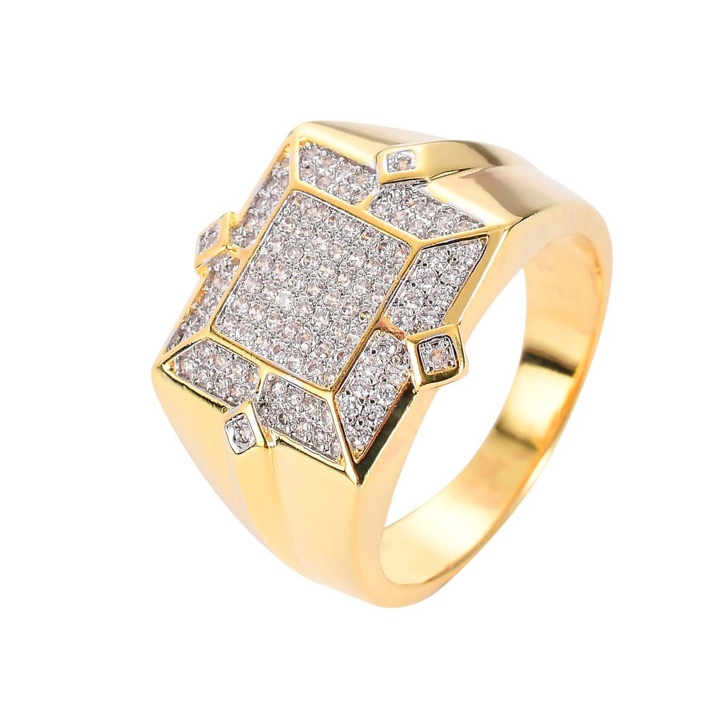 18K Gold Full Pave Square Diamond Hip - Hop Ring - TONGSHOP