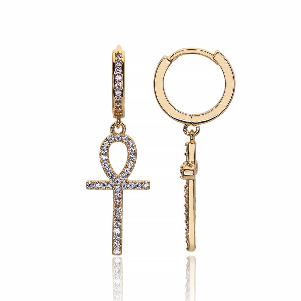 18K Gold Iced - Out Cross Earrings with Diamond Inlay - TONGSHOP