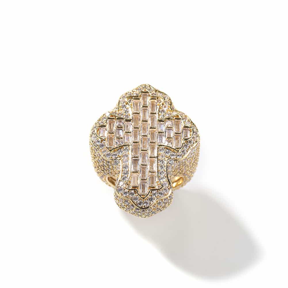 18K Gold Micropave Full Diamond Cross Hip Hop Ring - TONGSHOP