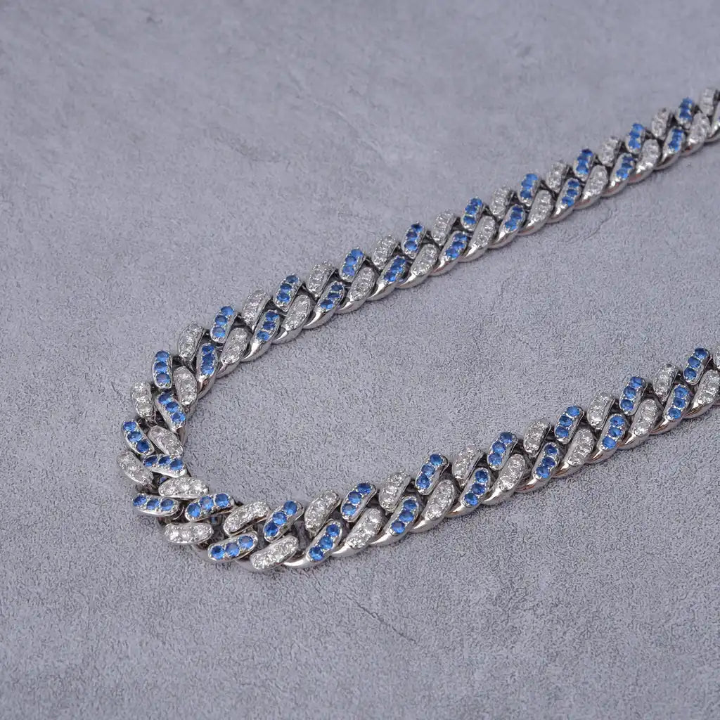 18k White Gold Blue Iced Cuban Chain - 13mm - TONGSHOP