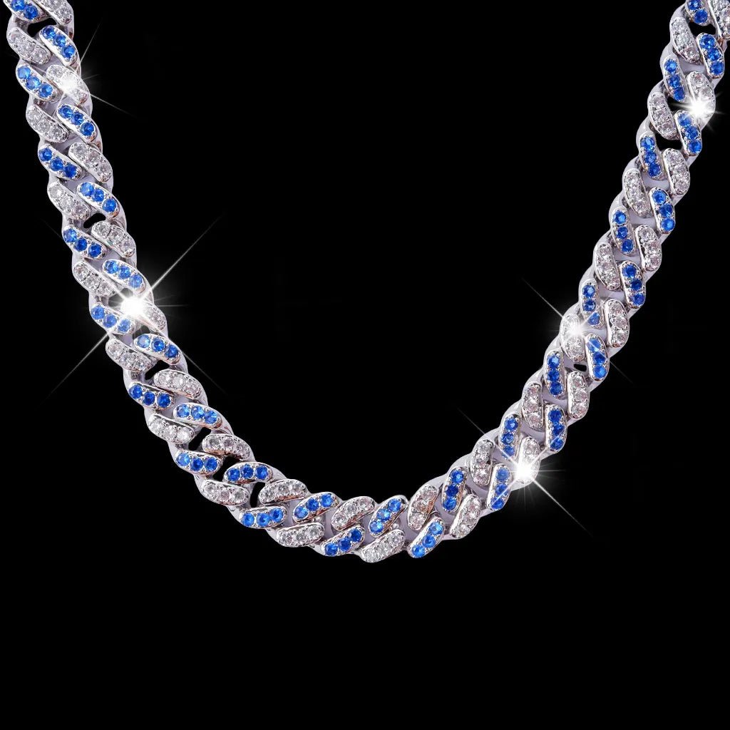 18k White Gold Blue Iced Cuban Chain - 13mm - TONGSHOP