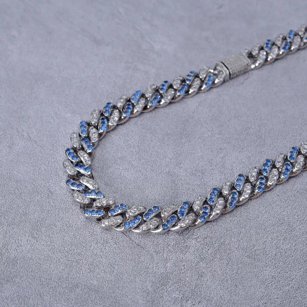 18k White Gold Blue Iced Cuban Chain - 13mm - TONGSHOP
