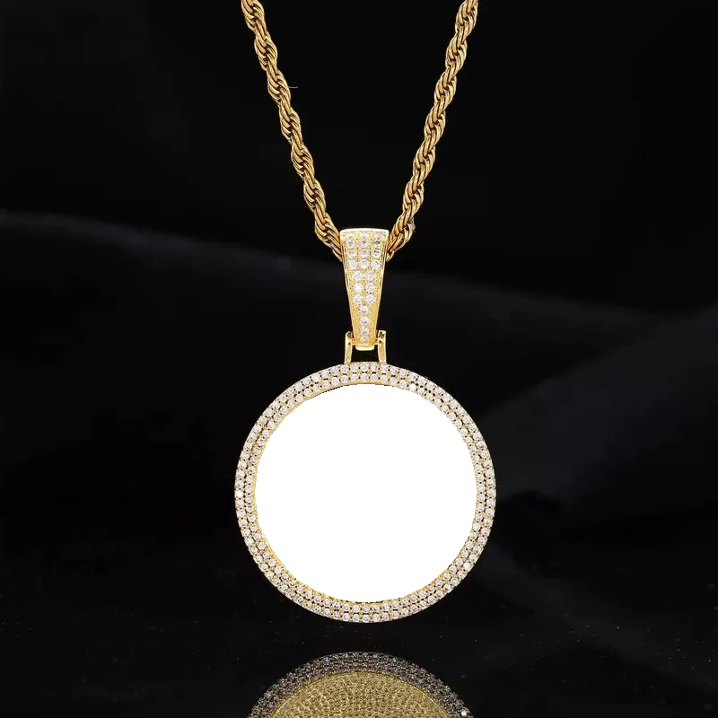 18k Gold Custom Photo Double Row Micro-Pavé Round Pendant - 37mm