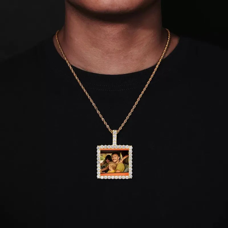 18k Gold Custom Photo Square Pendant - 40mm
