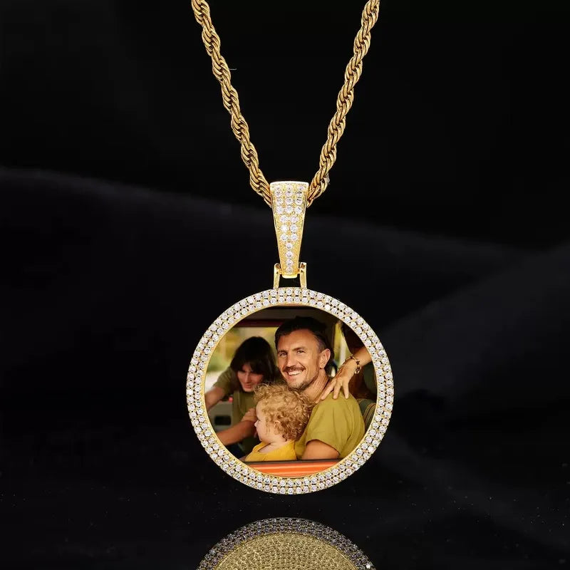 18k Gold Custom Photo Double Row Micro-Pavé Round Pendant - 37mm