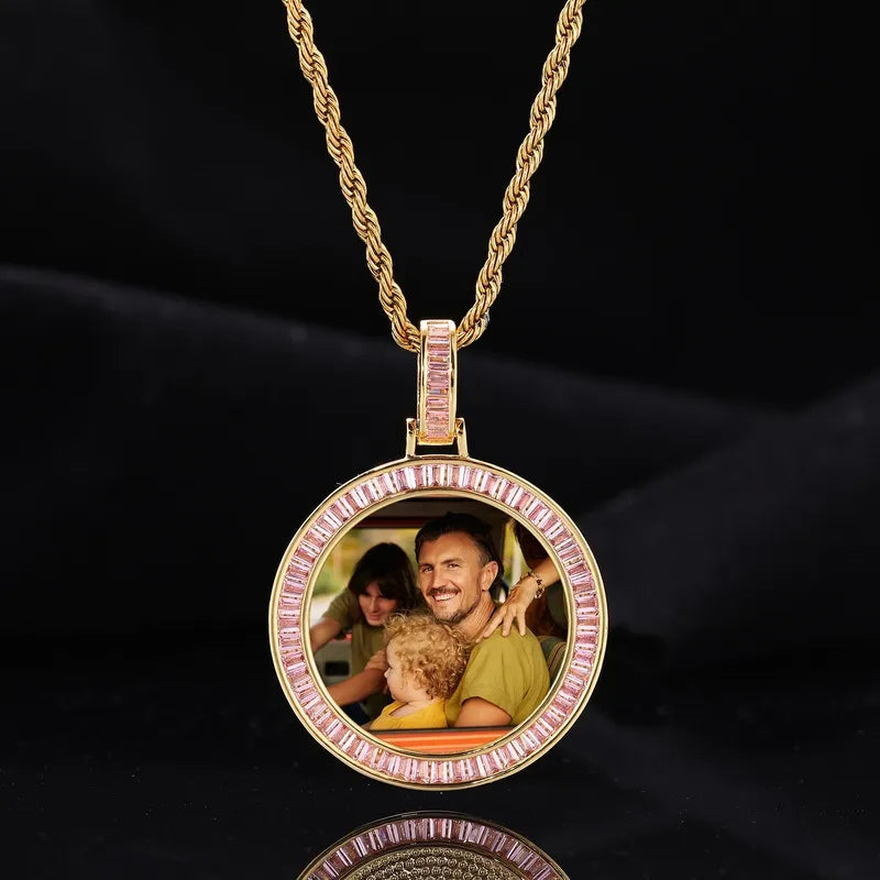 Custom Photo Pink Diamond Round Pendant in 18k Gold - 38mm