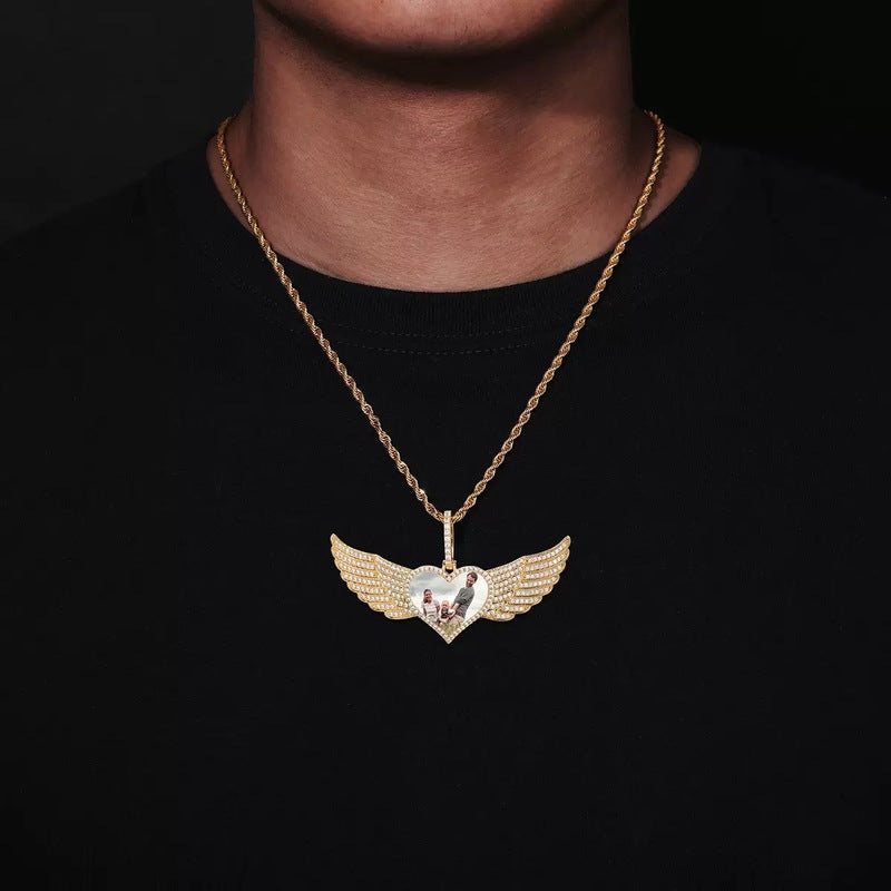 18k Gold Large Angel Wings Photo Custom Heart Pendant - 80mm