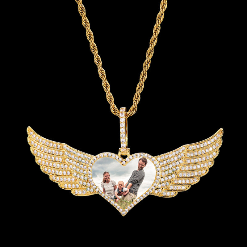 18k Gold Large Angel Wings Photo Custom Heart Pendant - 80mm