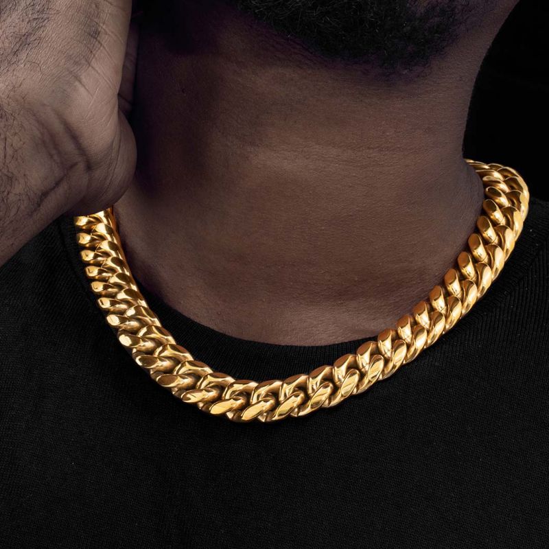 18mm Stainless Steel Miami Cuban Chain in Gold - TONGSHOP
