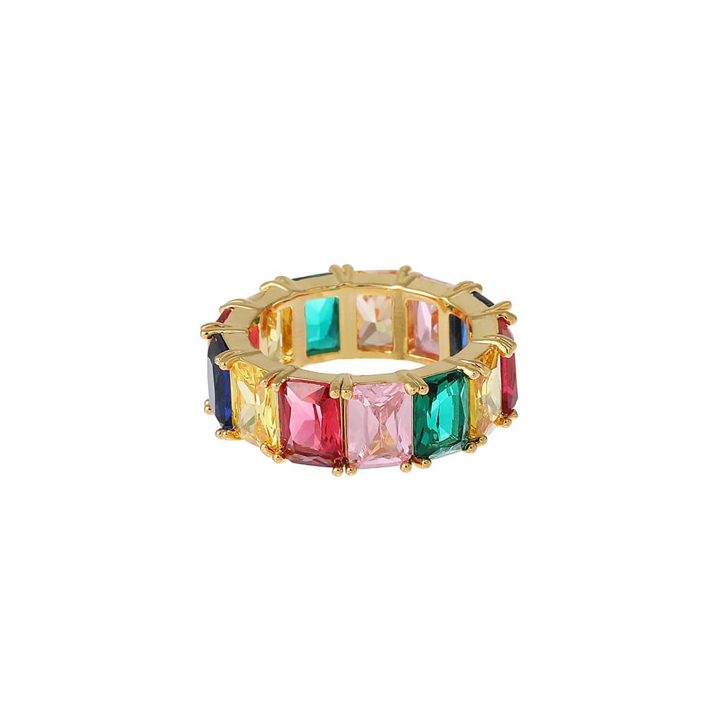 Colorful Rectangular Hip-Hop Ring in 18K Gold Plating