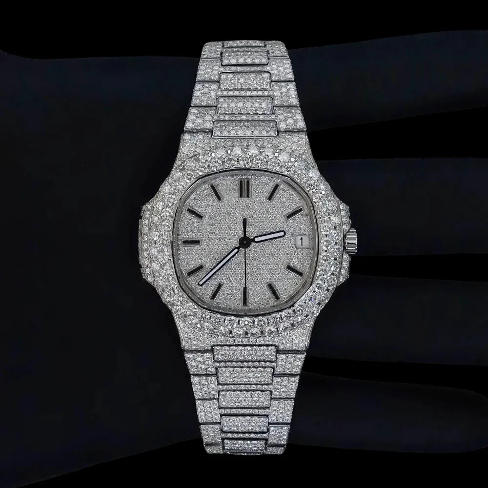 36MM Fully Iced  Squircle Watch Era® 316, Color: White Gold, Size: 36mm, Width: 18mm, Material: 316L Stainless Steel, Stone: 5A Cz, Gender: Unisex, Condition: New, Age Group: Adult, - TONGSHOP