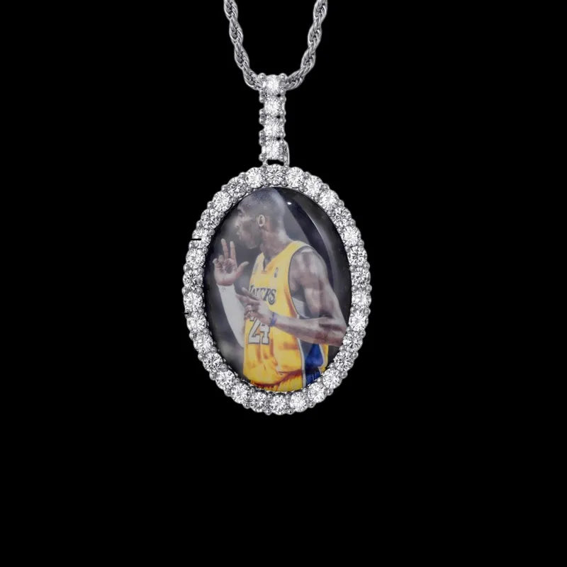 3D New Custom Photo Oval Pendant in White Gold - 38mm