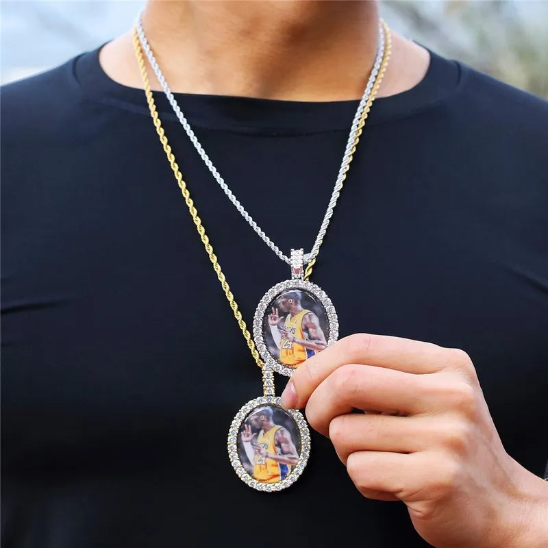 3D New Custom Photo Oval Pendant in White Gold - 38mm