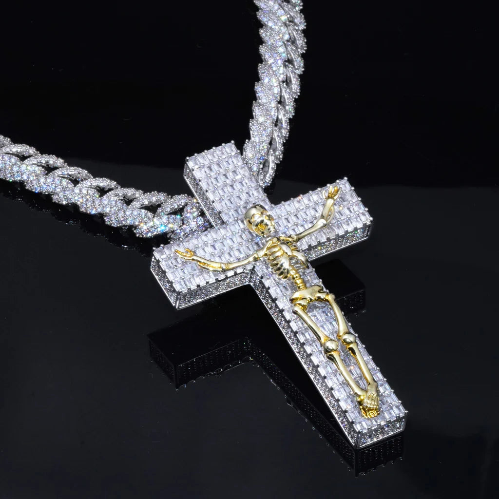 3D Skull Cross Baguette Solid Iced Pendent - 51MM