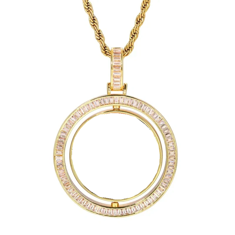 3D Double-Sided Rotated T-Shaped Diamond Round Pendant - 42mm