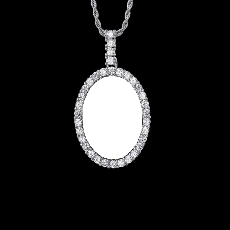 3D New Custom Photo Oval Pendant in White Gold - 38mm