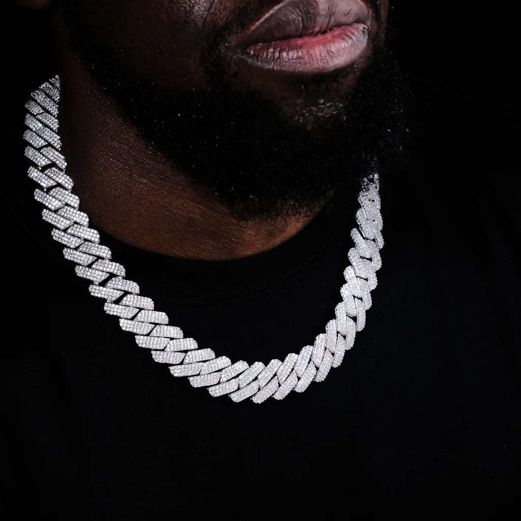 19MM 3ROW PRONG CUBAN LINK NECKLACE + BRACELET BUNDLE IN WHITEGOLD