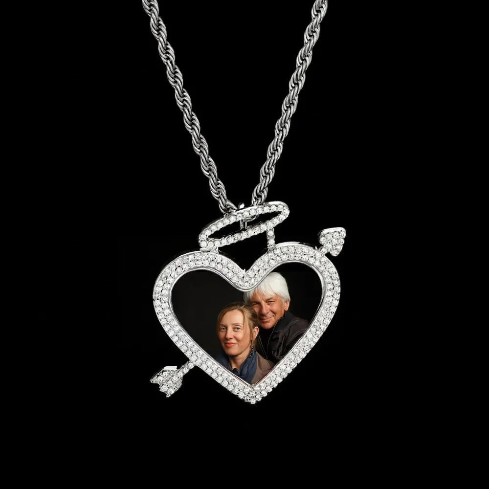 3D Arrow Through Heart Custom Photo Pendant in White Gold - 45mm - TONGSHOP / Length:16 / Length:18