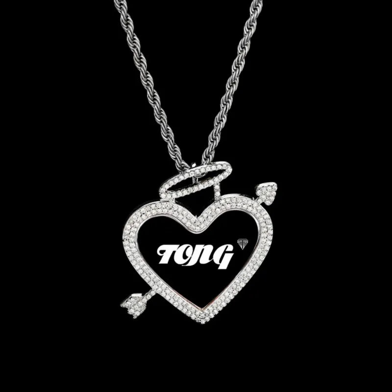 3D Arrow Through Heart Custom Photo Pendant in White Gold - 45mm - TONGSHOP / Length:16 / Length:18