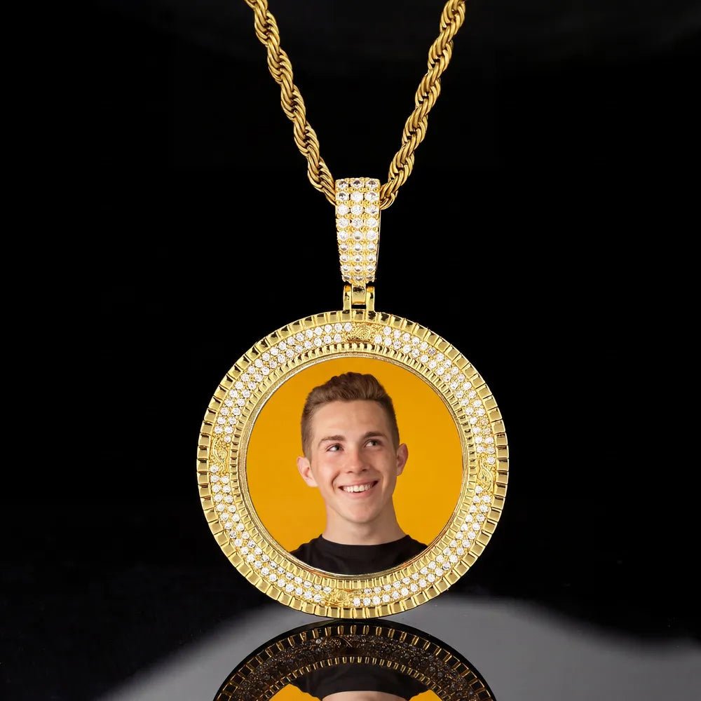 3D Custom Double - Row Diamond Photo Round Pendant - 40mm - TONGSHOP / Length:16 / Length:18