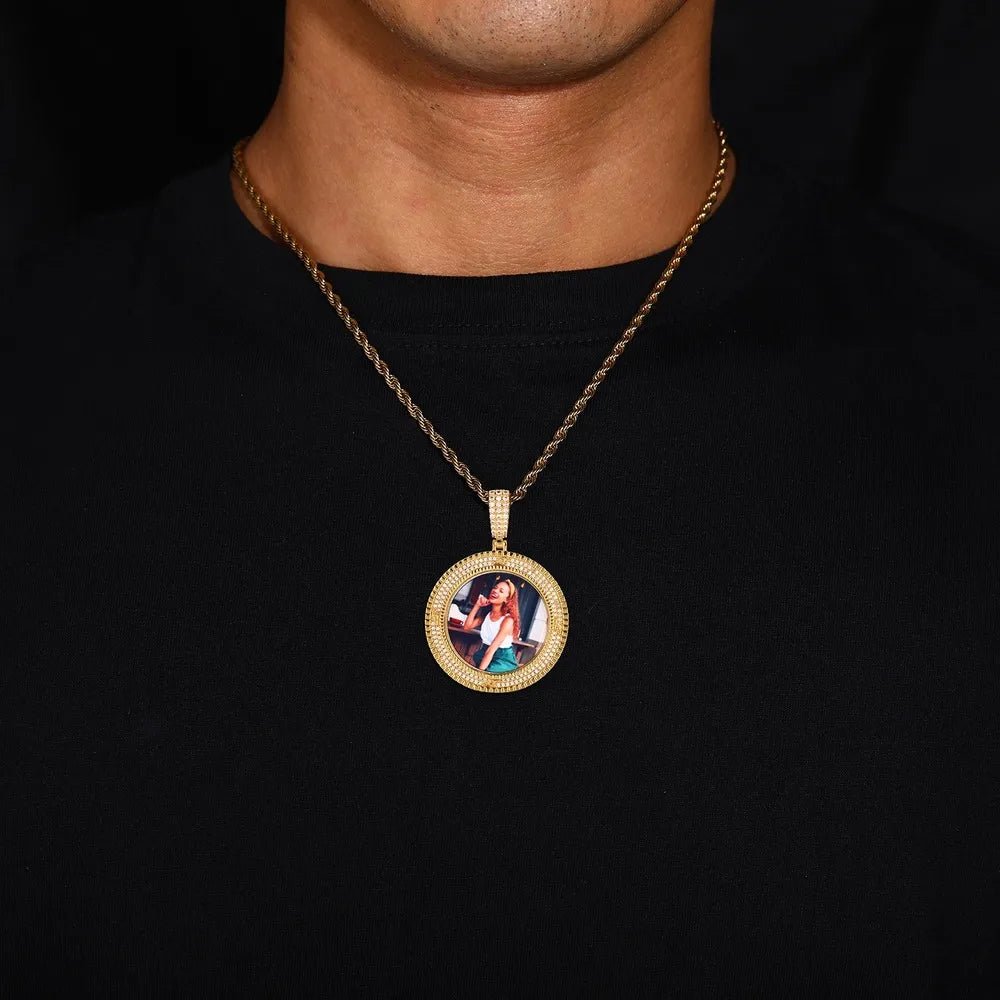 3D Custom Double - Row Diamond Photo Round Pendant - 40mm - TONGSHOP / Length:16 / Length:18