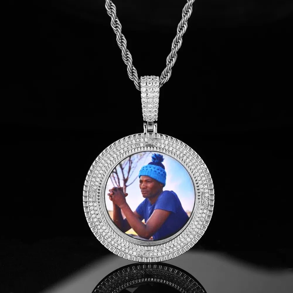 3D Custom Double - Row Diamond Photo Round Pendant - 40mm - TONGSHOP / Length:16 / Length:18