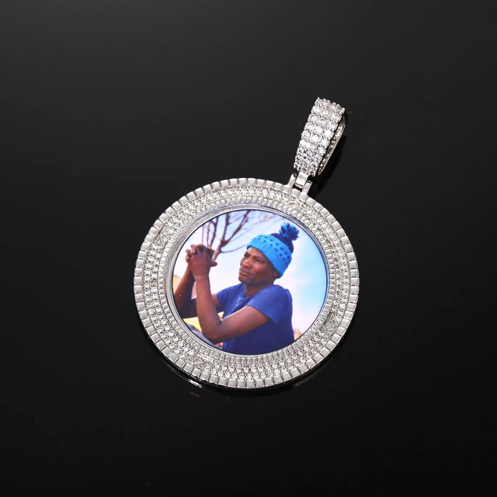 3D Custom Double - Row Diamond Photo Round Pendant - 40mm - TONGSHOP / Length:16 / Length:18