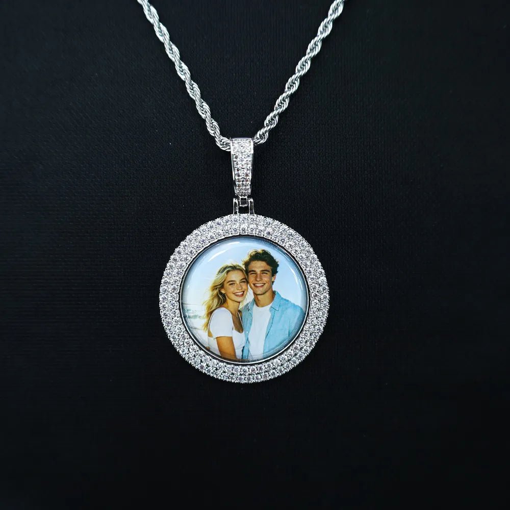 3D Double - Row Diamond - Set Circular Photo Pendant - TONGSHOP / Length:16 / Length:18