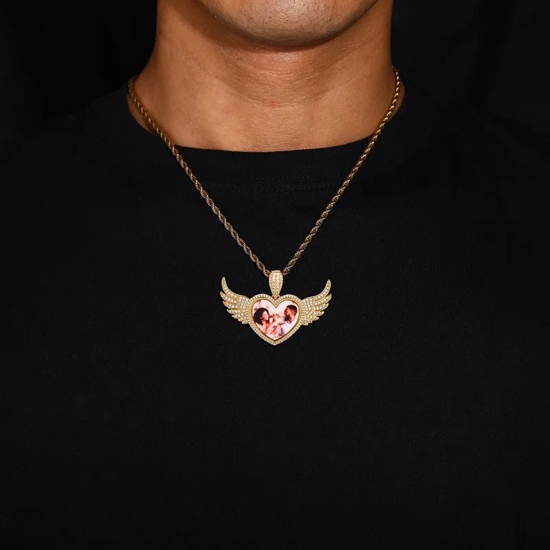 3D Heart Wings Solid Round Custom Photo Pendant - 55mm - TONGSHOP / Length:16 / Length:18