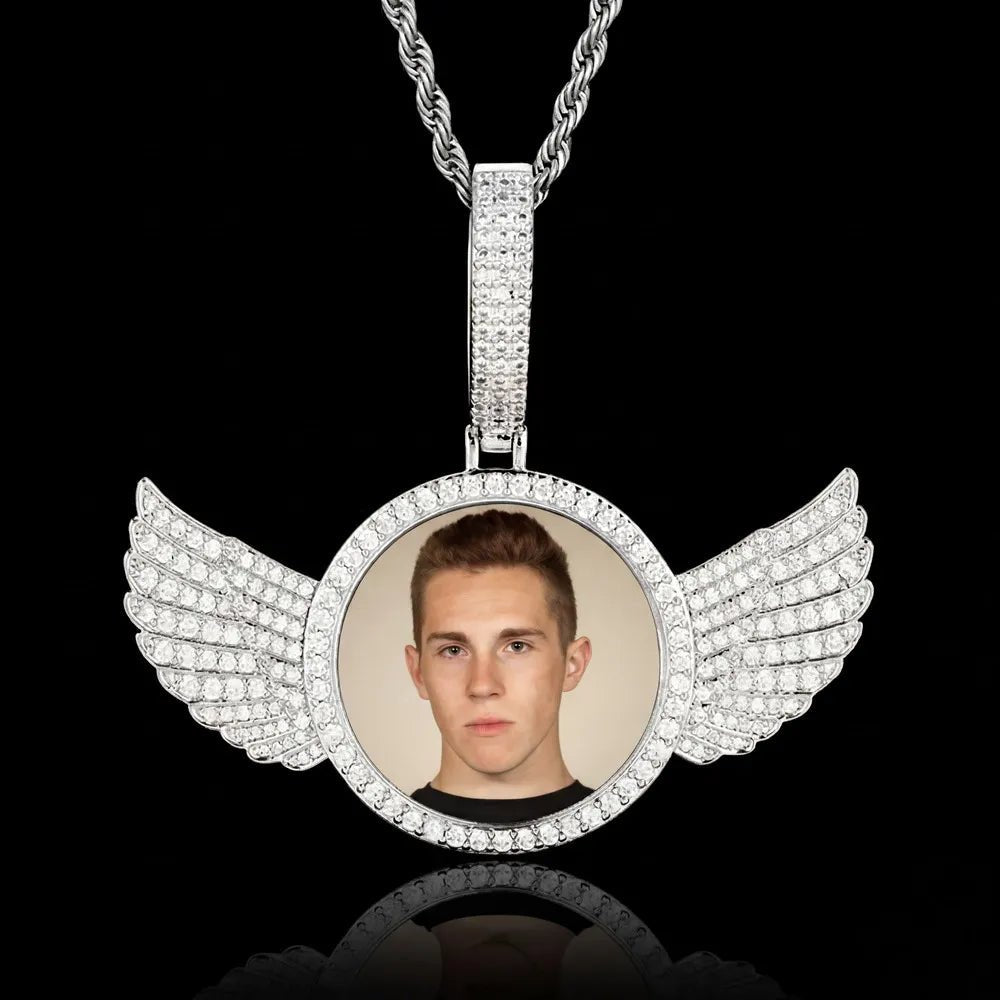 3D Large Buckle Solid Wings Round Custom Photo Pendant - 68mm - TONGSHOP / Length:16 / Length:18