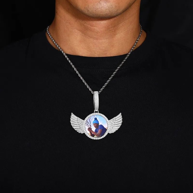 3D Large Buckle Solid Wings Round Custom Photo Pendant - 68mm - TONGSHOP / Length:16 / Length:18