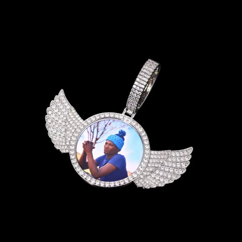 3D Large Buckle Solid Wings Round Custom Photo Pendant - 68mm - TONGSHOP / Length:16 / Length:18