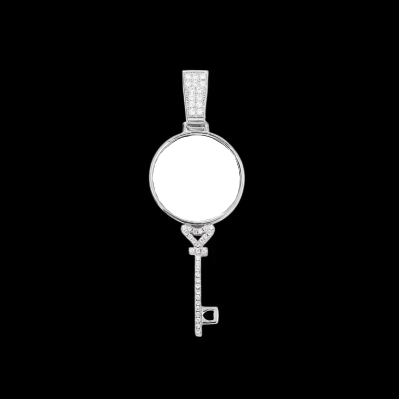 3D Round Key Solid Custom Photo Pendant in White Gold - 22mm - TONGSHOP / Length:16 / Length:18