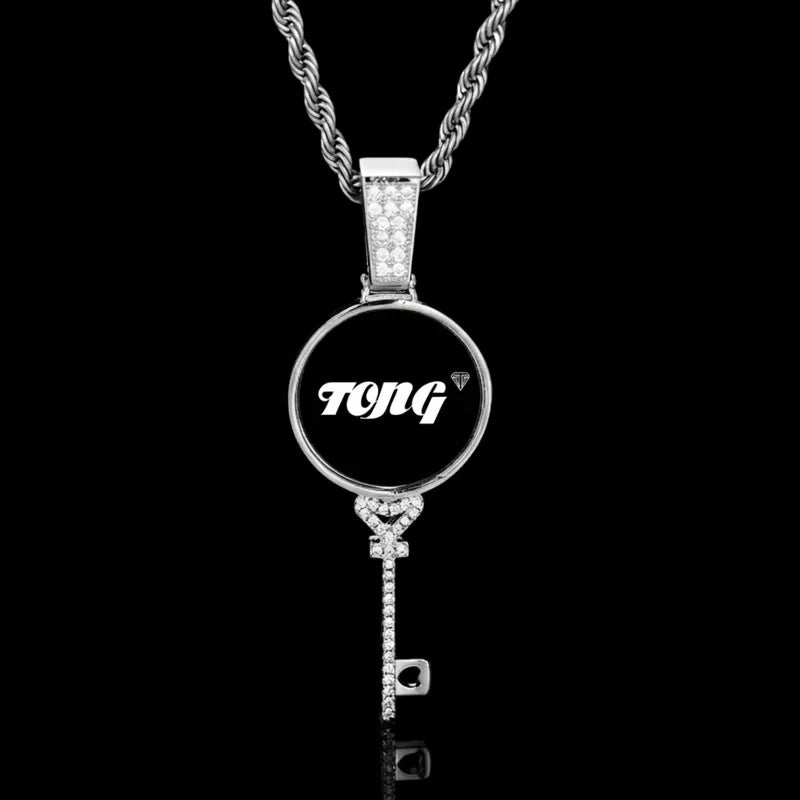 3D Round Key Solid Custom Photo Pendant in White Gold - 22mm - TONGSHOP / Length:16 / Length:18