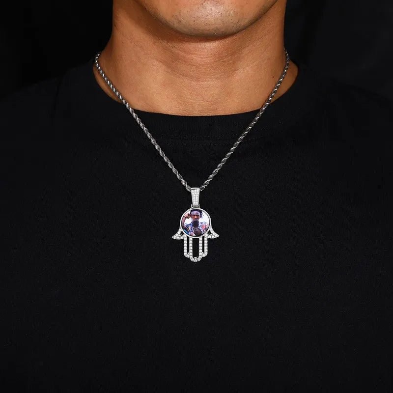 3D Round Solid Hand Custom Photo Pendant - 33mm - TONGSHOP / Length:16 / Length:18