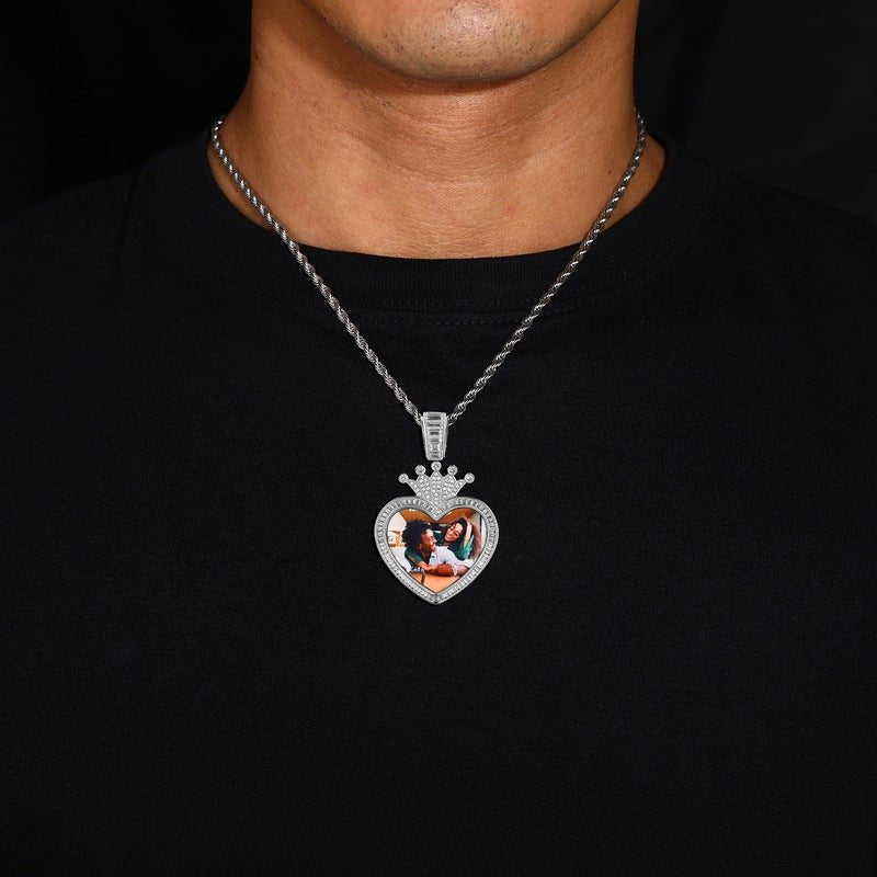 3D Solid Crown Heart Custom Photo Pendant - 36mm - TONGSHOP / Length:16 / Length:18